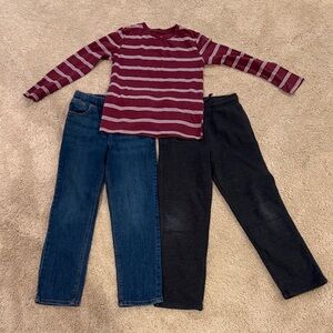 Maroon and White Striped Long Sleeve Tee. Jeans and dark gray pants. EUC. Boys.